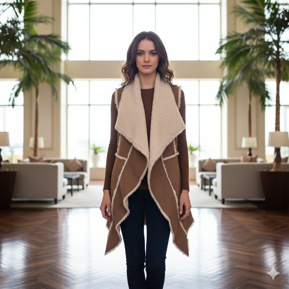 NWT Sioni Faux leather shearling style assymetrical hem vest size Medium - Picture 1 of 13